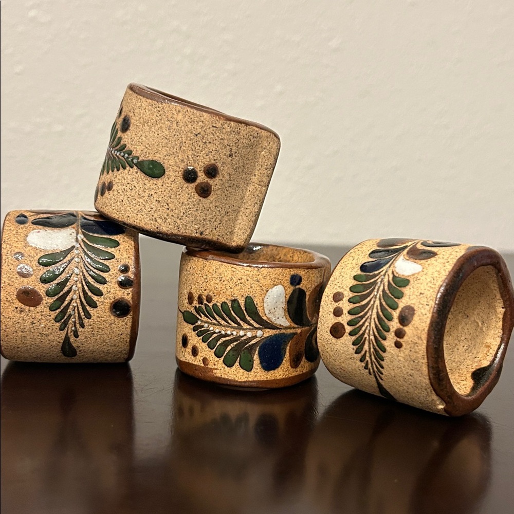 Vintage Tonala Mexican Pottery Hand Painted with Enamel, set of 4